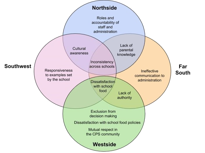 Venn diagram displaying the relationship among discussion themes by city area.