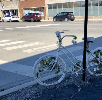 ghost bike dedicated to Lisa Shalk, who was killed by a driver while riding her bike at the intersection of Archer Avenue and Lorel Avenue in November 2017
                  