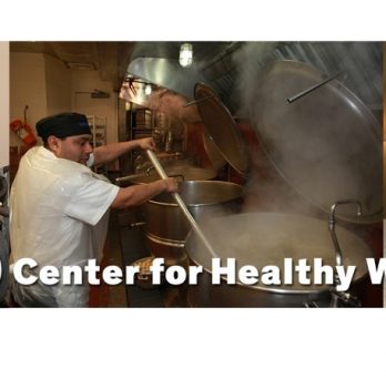 A horizontal row of three images of people working. From left to right: a home health care aide; a cook; a housekeeper. The logo for the UIC Center for Healthy Work appears in front of the images. 
