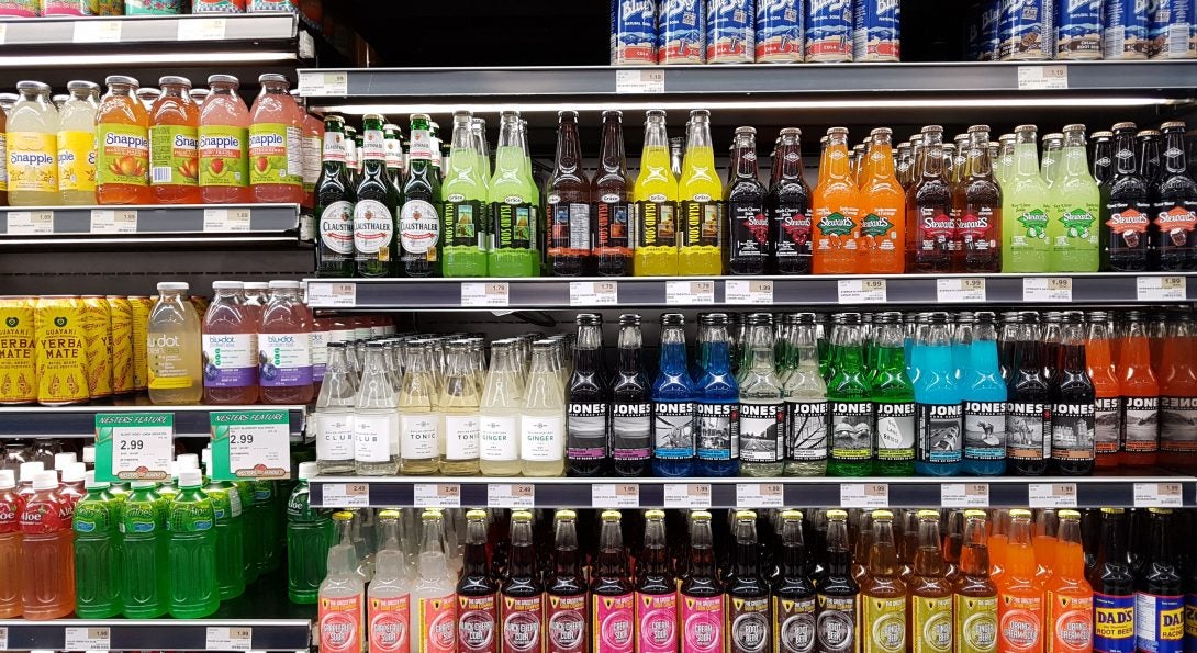 Beverages on a shelf in a retail store