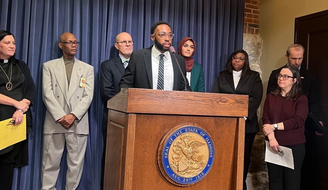 Anthony Douglas at the  Press Conference at the Illinois State Capitol in Springfield, IL on January 17th, 2024 during the announcement of HB 4472 drafting and submission to IL State Congress.